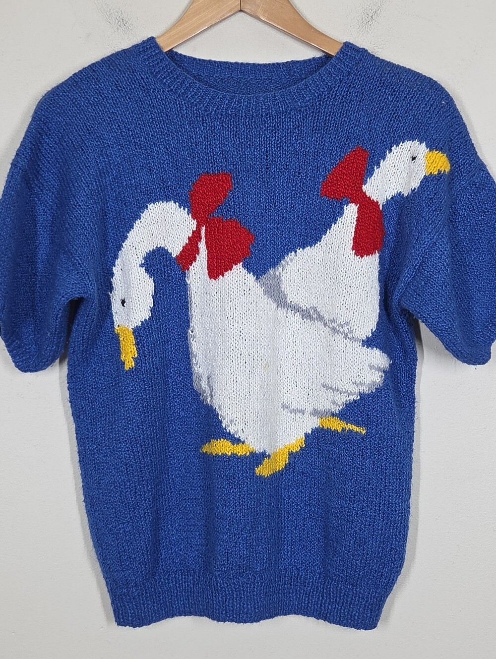 Vtg Blue Country Goose Geese Sweater Short Sleeve Cottagecore Grannycore Novelty